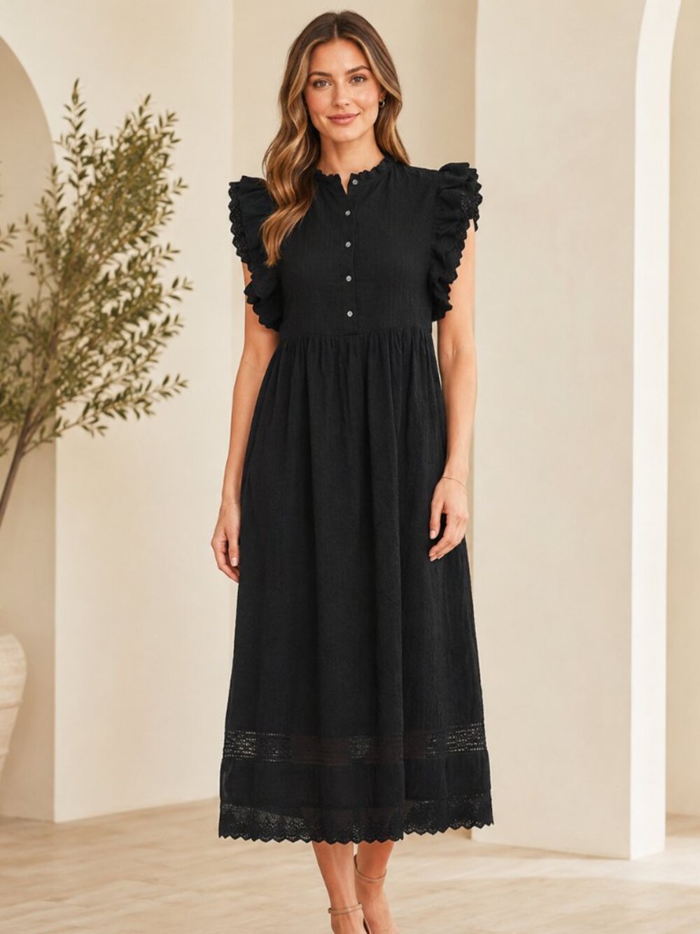 The Great Eyelet Embroidered Lace Ruffle Midi Dess Cotton Black Resort S 280866